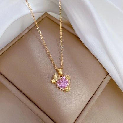 2 Pieces Minimalist Classic Style Geometric Heart Shape Titanium Steel Copper Zircon Pendant Necklace In Bulk