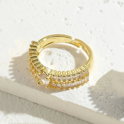 Minimalist Classic Style Round Flower Copper Asymmetrical Plating Inlay Zircon 14k Gold Plated Open Rings