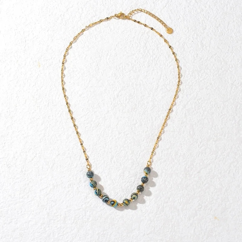 304 Stainless Steel 18K Gold Plated Classic Style Beaded Plating Round Natural Stone Necklace