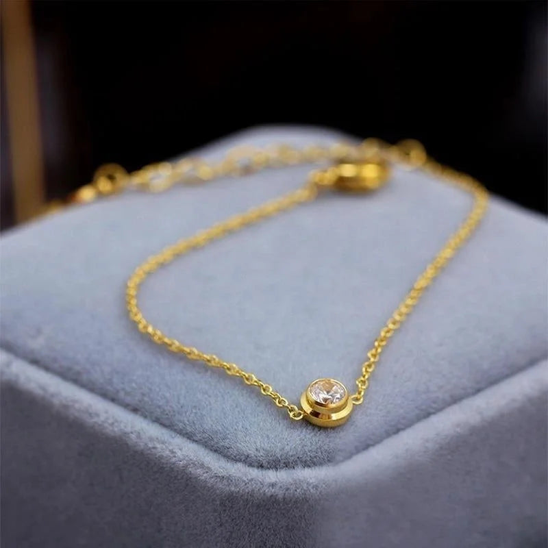 Sweet Round Solid Color Bow Knot Titanium Steel Zircon Inlay Bracelets Anklet Necklace