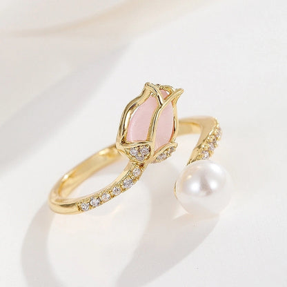 Lady Heart Shape Crown Flower Copper Zircon Inlay Open Rings