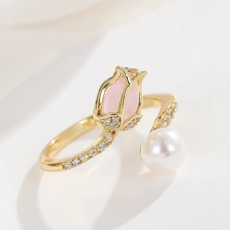 Lady Heart Shape Crown Flower Copper Zircon Inlay Open Rings