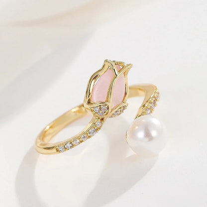 Lady Heart Shape Crown Flower Copper Zircon Inlay Open Rings