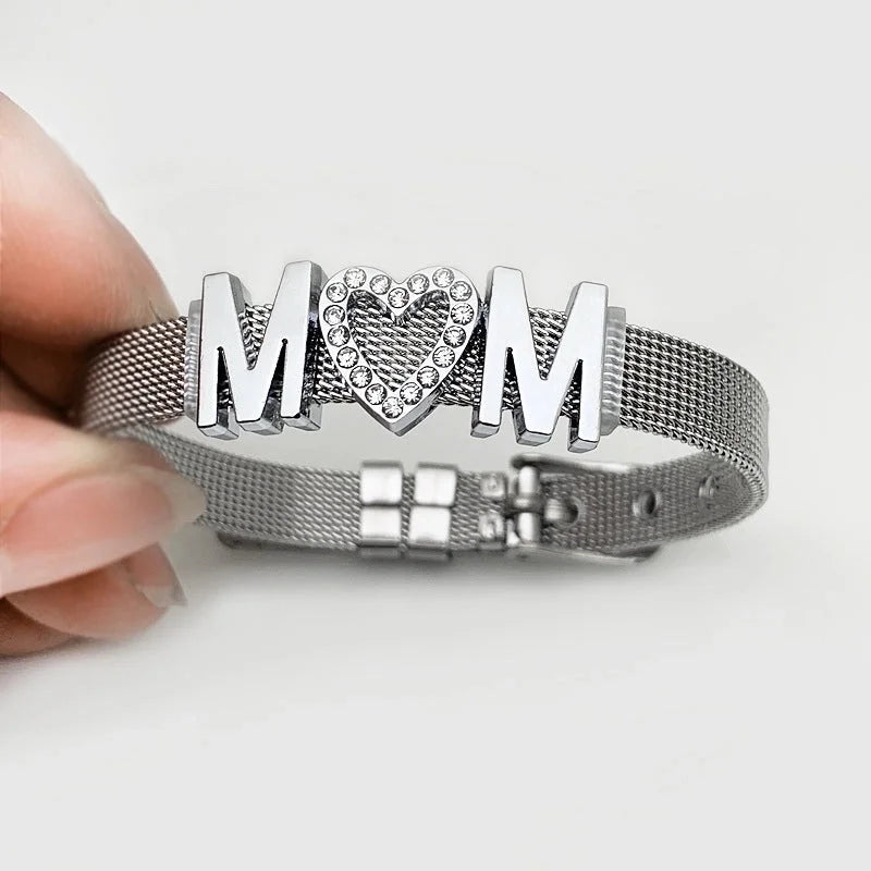 Mama Letter Stainless Steel Inlay Rhinestones Bracelets