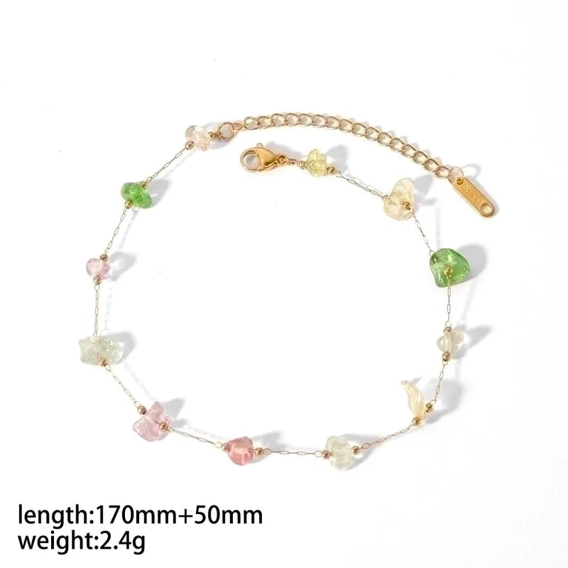 304 Stainless Steel 18K Gold Plated Minimalist Classic Style Polishing Plating Inlay Round Natural Stone Bracelets Anklet Necklace