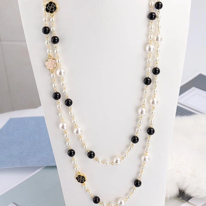Sweet Minimalist Flower Imitation Pearl Alloy Beaded Enamel Women's Long Necklace