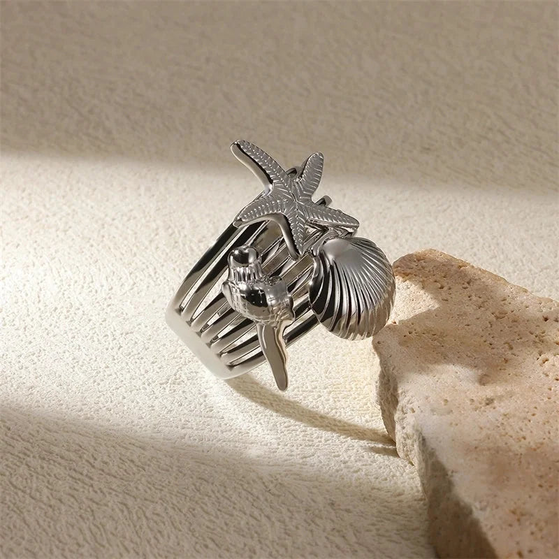 Exaggerated Beach Minimalist Geometric Starfish Shell 304 Stainless Steel Wide Band Rings Open Rings Rings