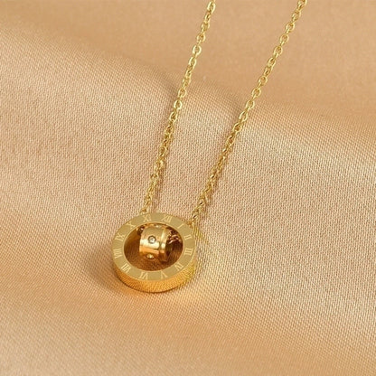 Sweet Minimalist Round Chinese Character Flower Titanium Steel Inlay Rhinestones Shell Pendant Necklace