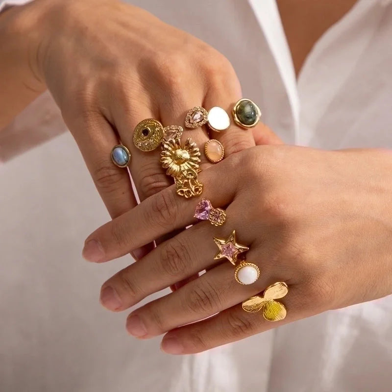 IG Style Grid Flower 304 Stainless Steel Zircon Asymmetrical Plating Inlay Open Rings