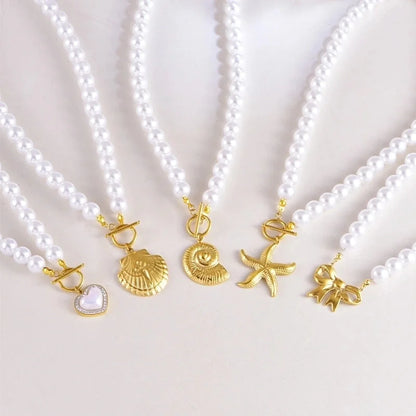 Sweet Minimalist Heart Shape Bow Knot Pearl Zircon Imitation Pearl Titanium Steel Necklace