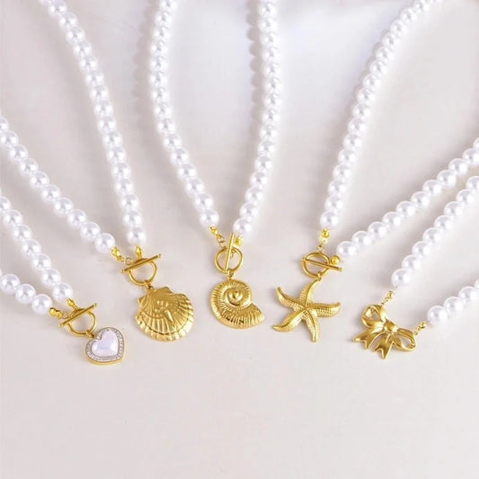 Sweet Minimalist Heart Shape Bow Knot Pearl Zircon Imitation Pearl Titanium Steel Necklace