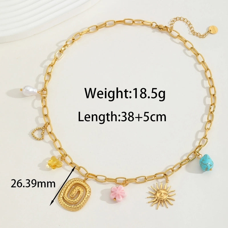 Elegant Exaggerated Vacation Geometric Cross Sun 304 Stainless Steel Imitation Pearl 18K Gold Plated Inlay Multi Charms Necklace