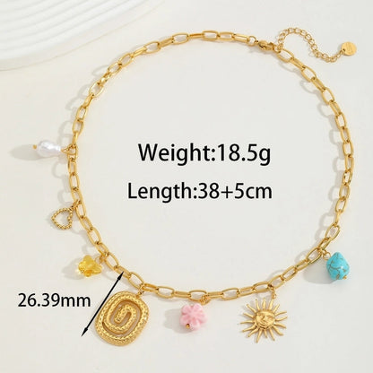 Elegant Exaggerated Vacation Geometric Cross Sun 304 Stainless Steel Imitation Pearl 18K Gold Plated Inlay Multi Charms Necklace