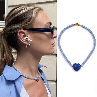 2 Pieces Minimalist Heart Shape Natural Stone Titanium Steel Pendant Necklace In Bulk