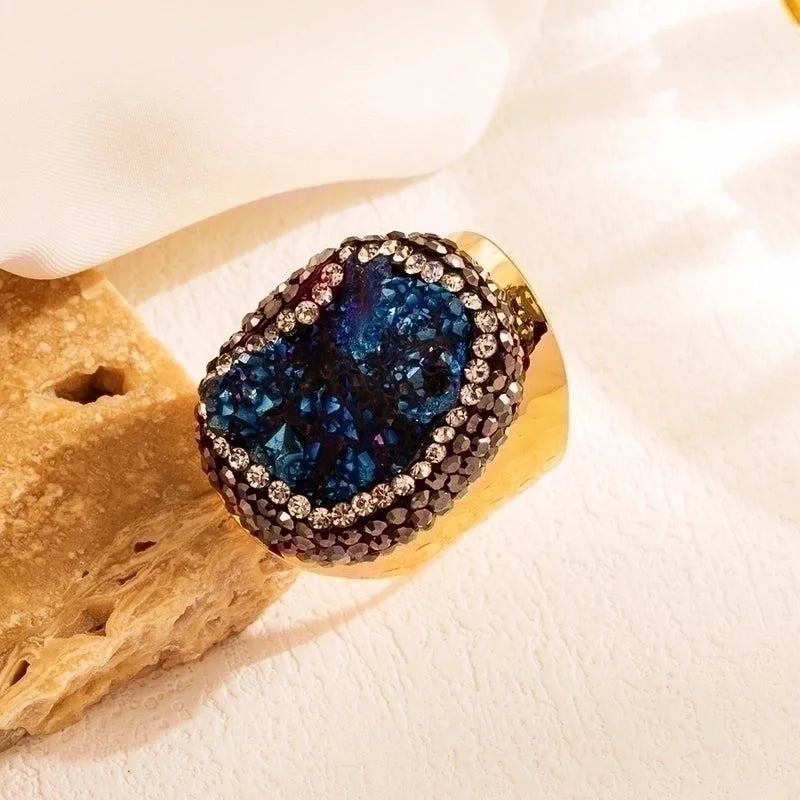 5 Pieces Elegant Retro Irregular Copper Plating Inlay Natural Stone Gold Plated Wide Band Ring