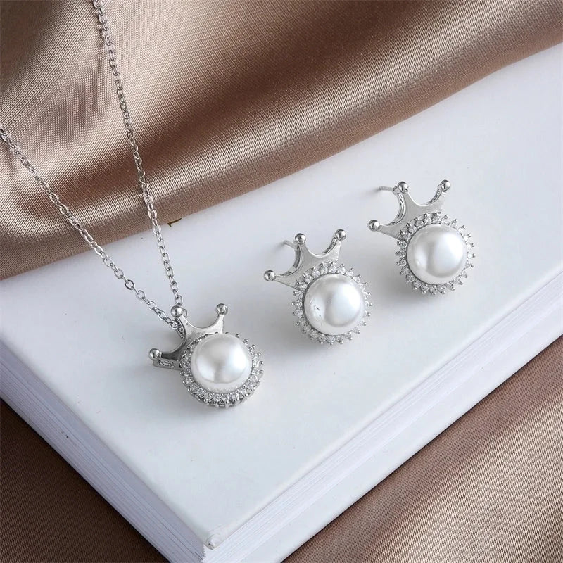 304 Stainless Steel Copper Inlay Crown Artificial Pearls Earrings Necklace