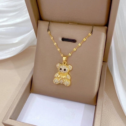 2 Pieces Minimalist Bear Titanium Steel Copper Plating Inlay Zircon Pendant Necklace