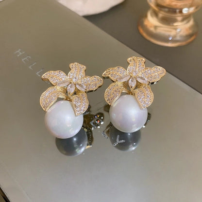 1 Pair Minimalist Flower Copper Enamel Rhinestones Drop Earrings Ear Studs