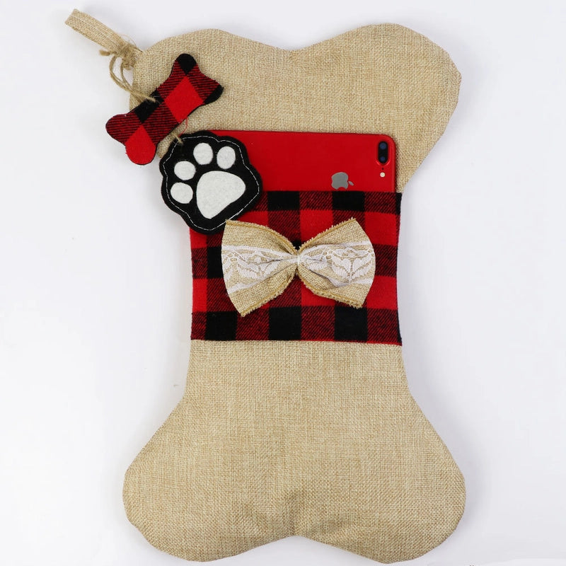 Factory In Stock Christmas Decoration Supplies Christmas Stockings Gift Bag Dog Paw Christmas Stockings Checked Cloth Bone Socks