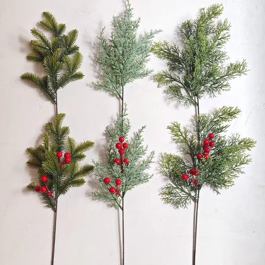 Simulation Pine Needle Red Fruit Single Christmas Green Plant Ornaments Indoor And Outdoor Flower Arrangement Decoration Artificial Pine Needle With Frost
