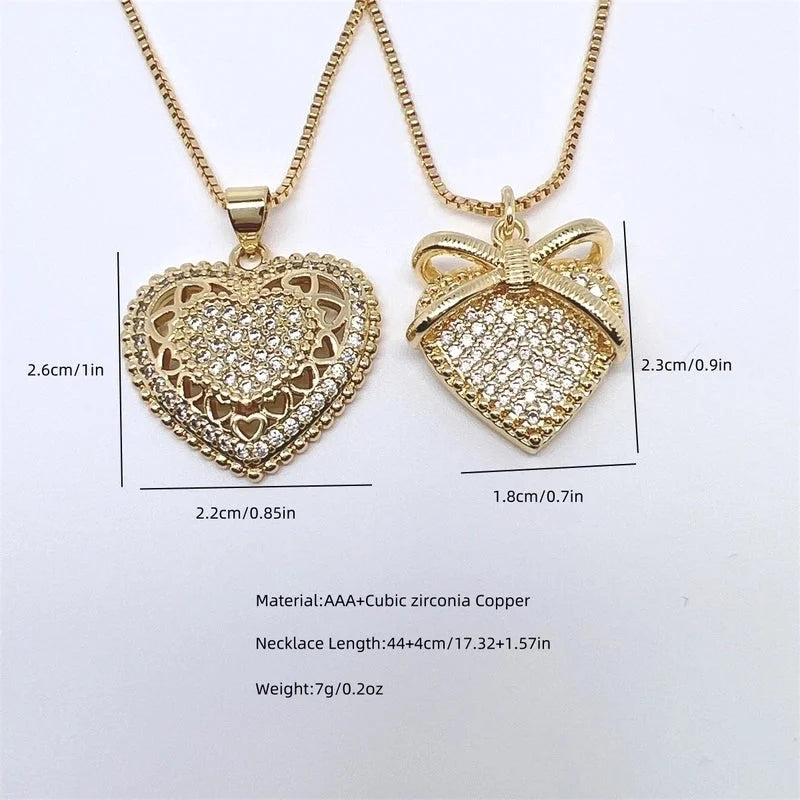 2 Pieces Elegant Heart Shape Bow Knot Copper Zircon Pendant Necklace