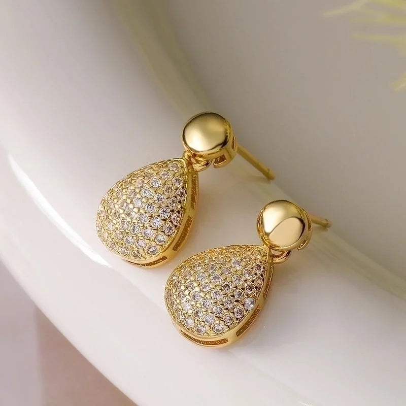 1 Pair Retro Minimalist Commute Round Water Droplets Inlay Copper Zircon 18K Gold Plated Drop Earrings
