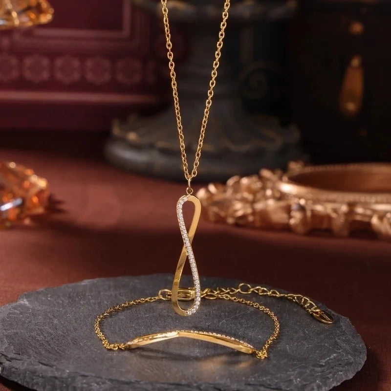 Elegant Luxurious Infinity 304 Stainless Steel Zircon 18K Gold Plated Plating Inlay Bracelets Necklace