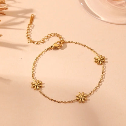 Sweet Minimalist Flower Titanium Steel 18K Gold Plated Bracelets Necklace Jewelry Set