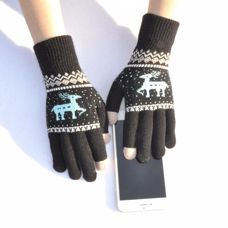 Adults Winter Warm Plus Velvet Padded Knitted Gloves Elk Christmas Tree Jacquard Touch Screen Gloves