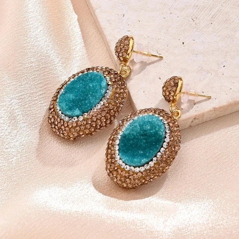1 Pair/Package Casual Vintage Style Vacation Square Oval Polishing Inlay Copper Acrylic Rhinestones Clay 18K Gold Plated Drop Earrings