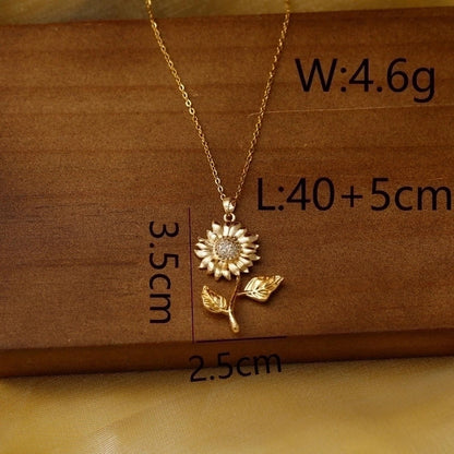 Sweet Commute Sunflower Heart Shape 304 Stainless Steel Zircon 16K Gold Plated 18K Gold Plated Stainless Steel Necklaces