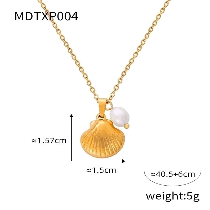 Casual Minimalist Commute Shell Freshwater Pearl Titanium Steel Rhinestones 18K Gold Plated Inlay Earrings Necklace