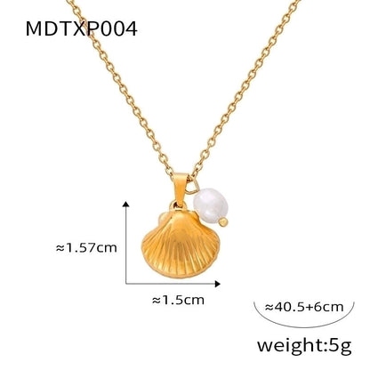 Casual Minimalist Commute Shell Freshwater Pearl Titanium Steel Rhinestones 18K Gold Plated Inlay Earrings Necklace