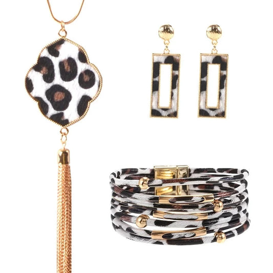 Explosions Alloy Leather Leopard Bracelet Necklace Earrings Fashion Leather Hand Ornaments Earrings