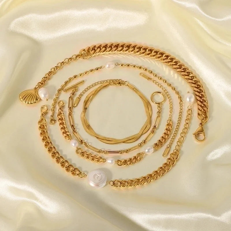 Retro Geometric Stainless Steel 18K Gold Plated Freshwater Pearl Bracelets In Bulk