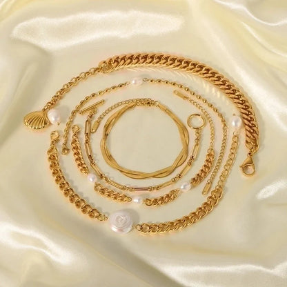 Retro Geometric Stainless Steel 18K Gold Plated Freshwater Pearl Bracelets In Bulk