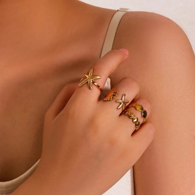Vintage Style Modern Style Minimalist Starfish Shell 304 Stainless Steel 18K Gold Plated Plating Open Rings