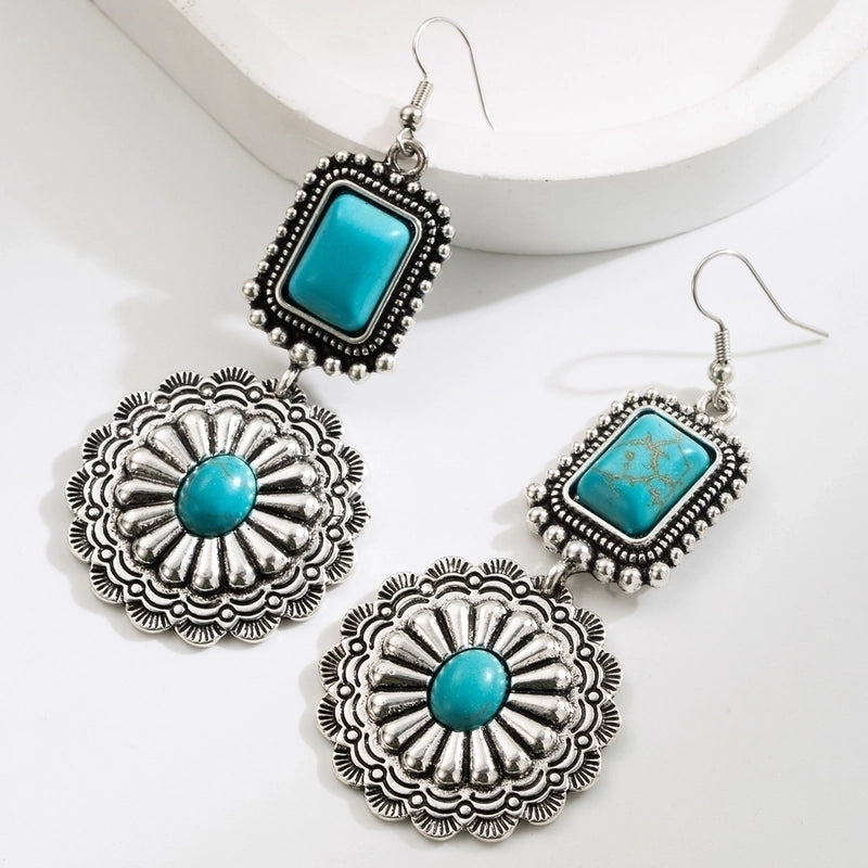 1 Pair Ethnic Style Classic Style Water Droplets Flower Inlay Alloy Turquoise Gold Plated Drop Earrings