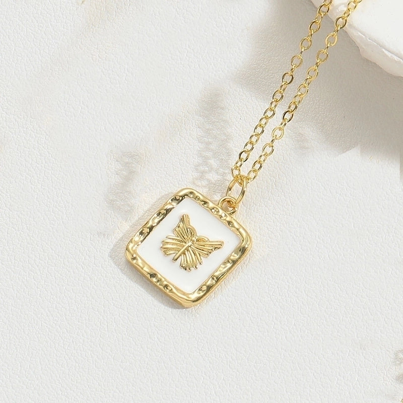 Copper 14K Gold Plated Vintage Style Minimalist Commute Enamel Inlay Butterfly Zircon Pendant Necklace