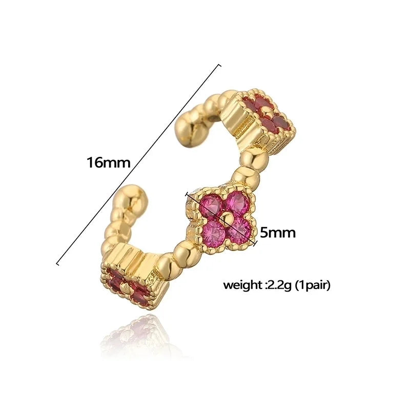 Temperament Entry Lux Copper Inlaid Color Diamond Clover Opening Ear Clip Niche High Sense Flower Petals Ear Rings Direct Sales