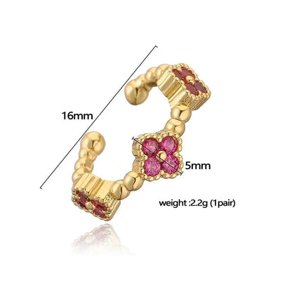 Temperament Entry Lux Copper Inlaid Color Diamond Clover Opening Ear Clip Niche High Sense Flower Petals Ear Rings Direct Sales