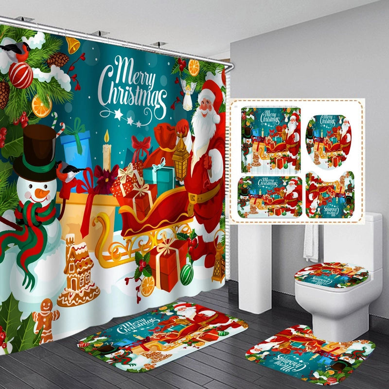 Cute Classic Style Christmas House Santa Claus Snowman Polyester Shower Curtain Bathing