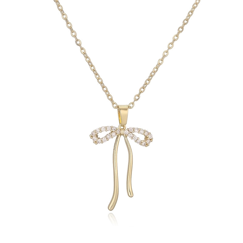 Copper 18K Gold Plated Sweet Minimalist Commute Plating Inlay Bow Knot Zircon Pendant Necklace