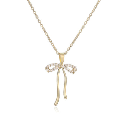 Copper 18K Gold Plated Sweet Minimalist Commute Plating Inlay Bow Knot Zircon Pendant Necklace