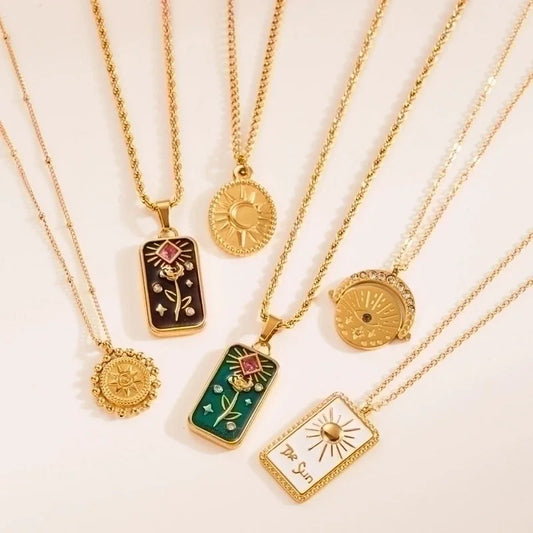 2 Pieces Fashion Sun Rose Stainless Steel Enamel Plating Inlay Zircon Gold Plated Pendant Necklace