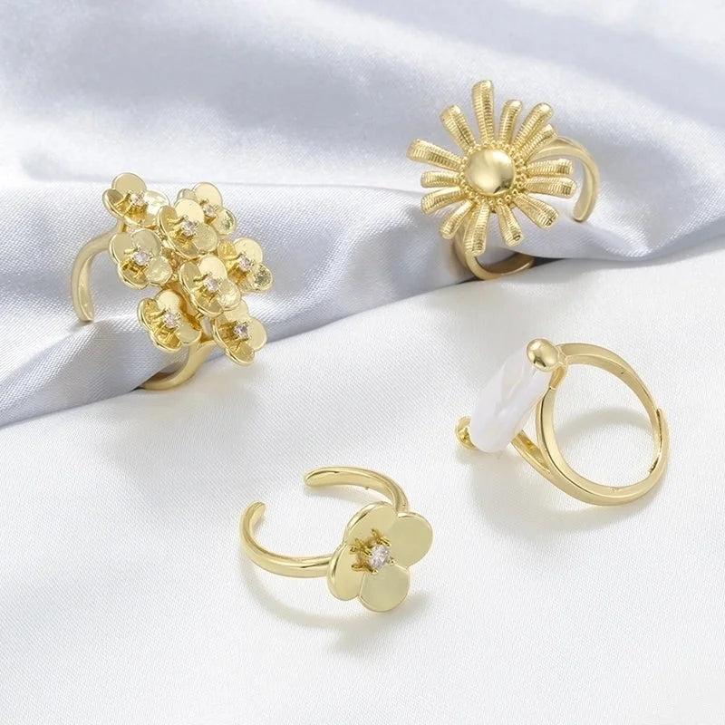 Copper 18K Gold Plated Pearl Plating Inlay Petal Artificial Pearls Zircon Open Rings
