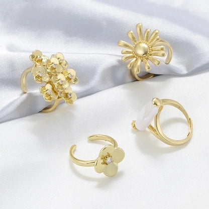 Copper 18K Gold Plated Pearl Plating Inlay Petal Artificial Pearls Zircon Open Rings