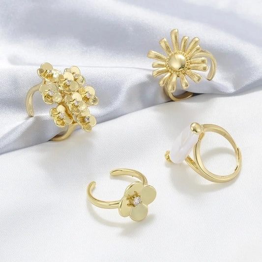 Copper 18K Gold Plated Pearl Plating Inlay Petal Artificial Pearls Zircon Open Rings