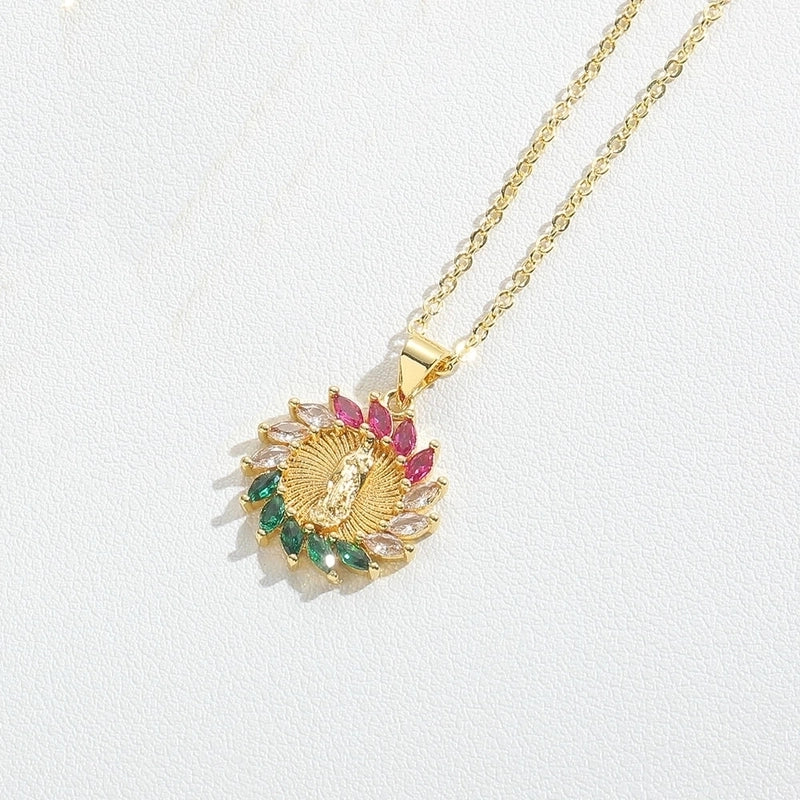 Vintage Style Minimalist Commute Round Copper Inlay 14K Gold Plated Zircon Pendant Necklace