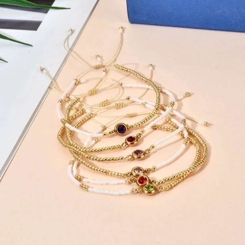 Casual Minimalist Round Stainless Steel Seed Bead Rope Beaded Inlay Zircon Bracelets